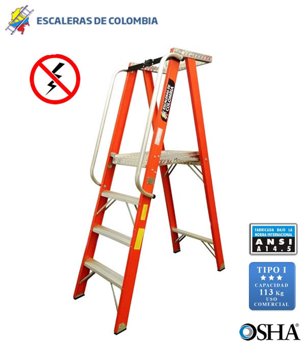 Escalera Tijera con Plataforma en Fibra de Vidrio Comercial